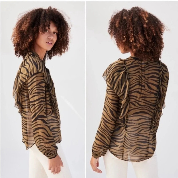 VERONICA BEARD - CAMILLA SILK ZEBRA TOP IN OLIVE - SIZE 8 - Picture 3 of 16
